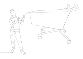 Poster - One continuous line of Man pointing with finger and Shopping Cart. Thin Line Illustration vector concept. Contour Drawing Creative ideas.