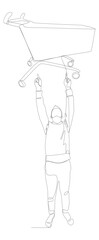 Poster - One continuous line of Man pointing with finger and Shopping Cart. Thin Line Illustration vector concept. Contour Drawing Creative ideas.