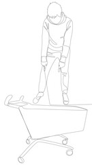 Poster - One continuous line of Man pointing with finger and Shopping Cart. Thin Line Illustration vector concept. Contour Drawing Creative ideas.