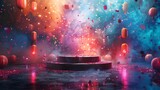 New year podium, worms-eye view of a sleek, modern podium in vibrant digital colors, surrounded by confetti and glowing lanterns, CG 3D, highly detailed textures, dynamic perspective