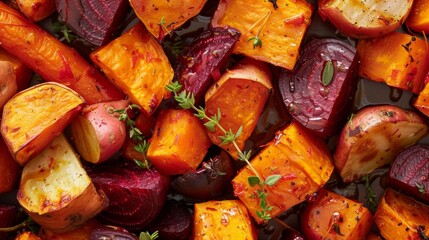 Wall Mural - A colorful array of roasted root vegetables including sweet potatoes carrots and beets drizzled with a buttery glaze.