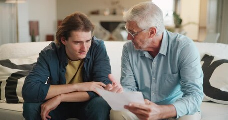 Aufkleber - Homework, senior man and teaching college student on sofa with exam and learning. Thinking, reading and grandfather support with paperwork for university, education and school test advice with study