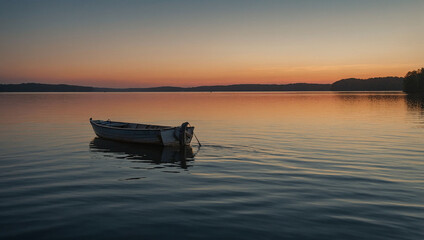 An image of a serene lake at dusk, with a lone boat drifting in the distance 