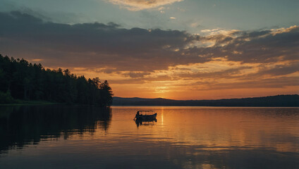 An image of a serene lake at dusk, with a lone boat drifting in the distance 