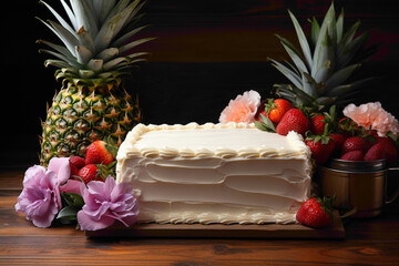 Wall Mural - A tropical-themed pineapple coconut birthday cake, featuring a blank frame next to it, inviting you to add a personalized touch to the celebration. 