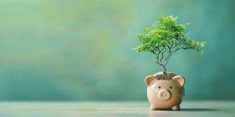 Conceptual image of a tree growing out of a piggy bank, symbolizing financial growth and investment, against a clear blue sky background