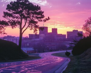 Wall Mural - Vibrant urban sunset with silhouette cityscape and colorful sky casting reflections on winding road next to large tree and foggy buildings