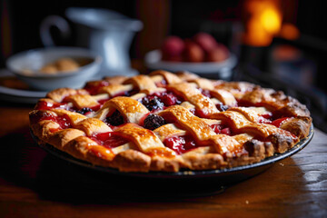 Wall Mural - A tantalizing image of a perfectly glazed fruit pie, showcasing the glossy finish of the syrupy filling and the golden-brown crust, set against a rustic kitchen backdrop.