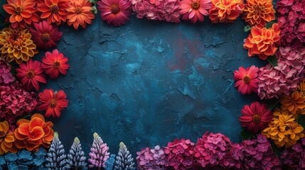 Wall Mural - Colorful Floral Frame with a Mix of Autumn and Summer Flowers Against a Rich Blue Background for Nature-Inspired Creative Projects