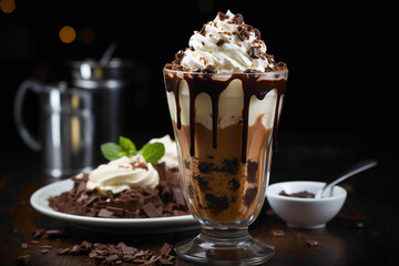 Wall Mural - A tall glass filled to the brim with a velvety chocolate milkshake, crowned with a generous swirl of whipped cream and chocolate shavings. 