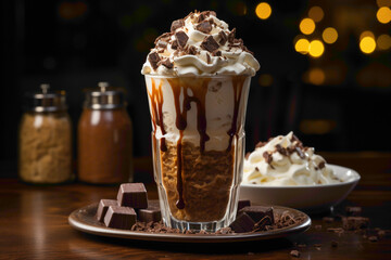 Wall Mural - A tall glass filled to the brim with a velvety chocolate milkshake, crowned with a generous swirl of whipped cream and chocolate shavings. 