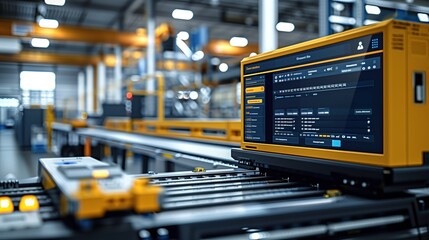 Wall Mural - Detailed view of an advanced logistics software interface displayed on a monitor in a high-tech warehouse setting, showcasing data and management tools.