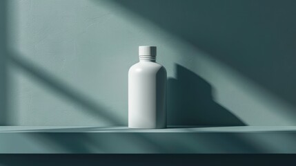 White product bottle on a shelf, organic sculpting style, dark shadows, minimal retouching, illustration background