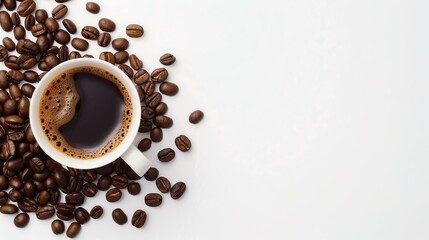 Cup of hot coffee with fresh roasted coffee beans on white background. Perfect for cafes, restaurants, and coffee shops promotions.