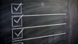 © Alon - Check list on blackboard macro close up. Document of finished work duties and responsibilities. Agenda and progress in business. Checklist, keeping score of obligations or completed tasks in project.
