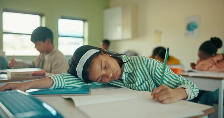 Aufkleber - Student, desk and girl for tired in classroom, homework or activity with study for sleeping learner. Education, childhood development and burnout, fatigue or female person in junior school with test