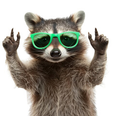 Wall Mural - Funny raccoon in green sunglasses showing a rock gesture isolated on transparent or white background