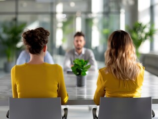 business meeting in modern office with two women in yellow blouses facing male colleague