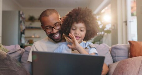 Canvas Print - Video call, father and child in lounge, laptop and greeting with wave, smile and happiness for contact. Home, dad and son with computer, communication and talking with joy in living room and couch