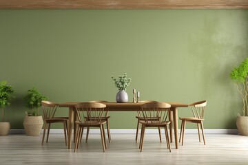 The table and chairs against the wall are olive-colored. A modern dining room with a large wooden table and chairs.