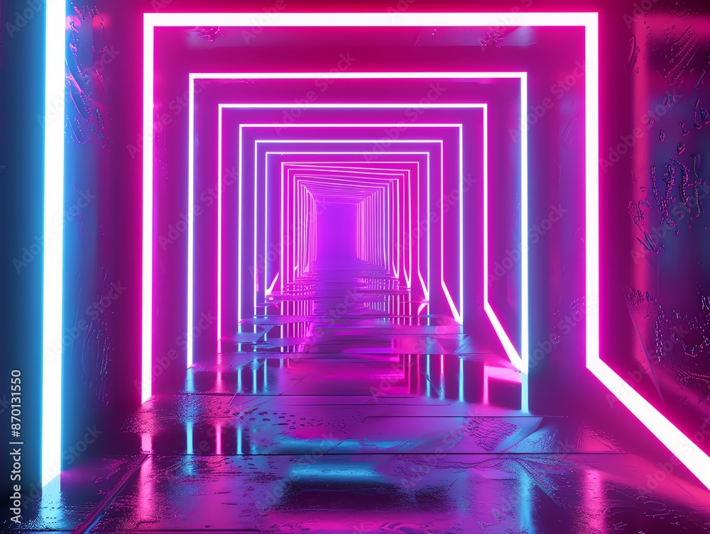 Futuristic neon tunnel with vibrant pink and blue lights creating an ...