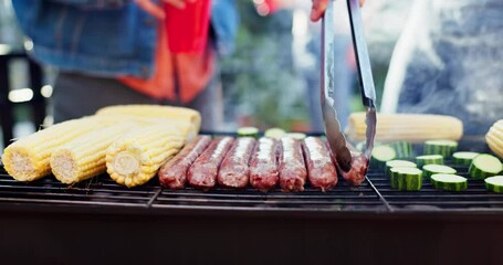 Wall Mural - Grill, corn and bbq dinner for party, meat and outdoor backyard cooking. Flames, sausage and smoke for barbecue, bonding and people relax with traditional American food culture for Independence day