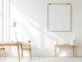 Sticker - Minimalist Living Room Interior with Wooden Furniture and a Blank Canvas.