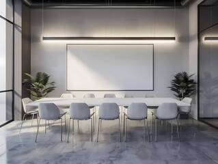 Canvas Print - Modern Meeting Room Interior with Blank Canvas and White Table.