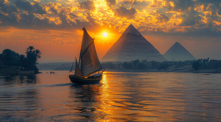 Wall Mural - Nile river and pyramids in the background