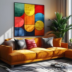 Poster - Stunning 3D rendered living room wall poster mockup featuring a vibrant energetic pop art design with bold colors graphic composition and a captivating modern aesthetic