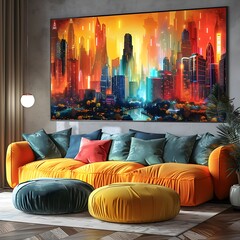 Poster - vibrant retrofuturistic cityscape poster mockup with kinetic urban skyline