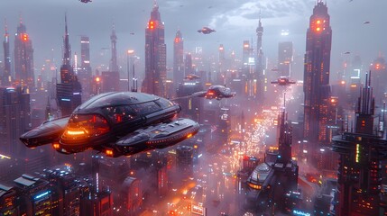 Poster - Futuristic Metropolis with Towering Skyscrapers and Hover Vehicles on Neon Lit Streets
