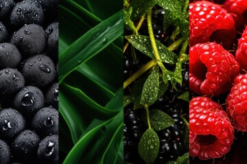 Wall Mural - Close-up of Blackberries, Raspberries, and Green Leaves