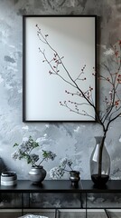 Poster - Minimal Industrial Styled White Frame Mockup on Textured Gray Wall with Simple Decor