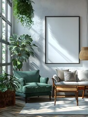 Poster - Modern Minimalist 3D Rendered Floating Frame Mockup on Clean White Wall with Contemporary Furniture
