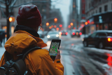 Poster - man in a jacket is looking at his phone while walking down the street. He is using a map app to navigate his way