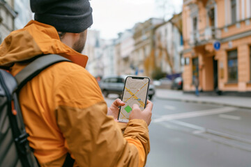Poster - man in a jacket is looking at his phone while walking down the street. He is using a map app to navigate his way