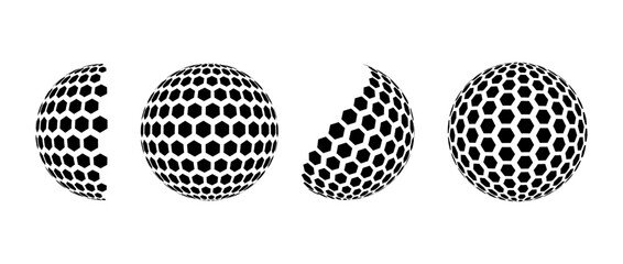 Poster - Black halftone pattern sphere set. Hexagon wireframe 3d circle collection. Grid globe element bundle. Round shape pack for tech poster, banner, cover, emblem. Vector illustration