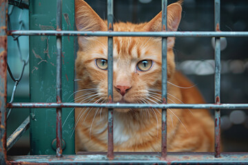 cat is looking out of a cage with a metal bar. The cat has a green eye and a black spot on its face