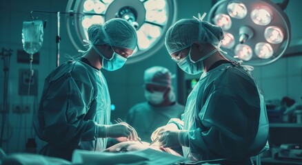 Wall Mural - Surgeons performing a complex surgery in a modern operating room