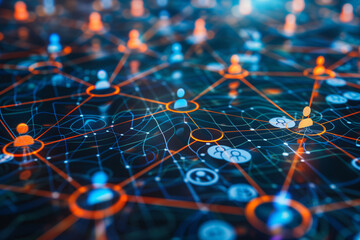 Poster - blue and orange image of people connected by lines. The image is of a network of people, with each person represented by a circle. The circles are connected by lines, creating a web-like pattern