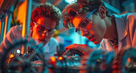 Poster - Two young men in safety glasses working on mechanical gears in a school lab