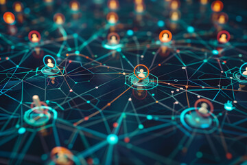 Poster - blue and orange image of people connected by lines. The image is of a network of people, with each person represented by a circle. The circles are connected by lines, creating a web-like pattern