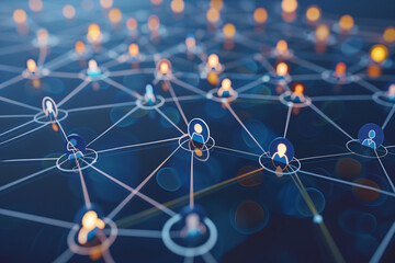 Poster - blue and orange image of people connected by lines. The image is of a network of people, with each person represented by a circle. The circles are connected by lines, creating a web-like pattern