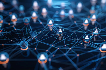 Poster - blue and orange image of people connected by lines. The image is of a network of people, with each person represented by a circle. The circles are connected by lines, creating a web-like pattern