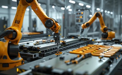 Poster - Robotic arms assembling electric vehicle batteries in high-tech factory