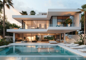 Wall Mural - Modern Luxury Villa With Pool and Palm Trees at Sunset