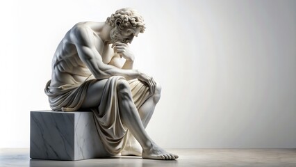 Ancient Greek Roman styled white marble statue of god in modern isolated setting on white background appears sorrowful and pensive alone.