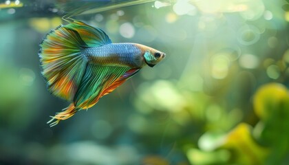 Poster - Multicolored Betta Fish with Green Background