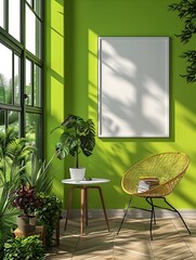 Poster - Simple White Frame Mockup Hanging on Vibrant Green Wall in Modern Home Office
